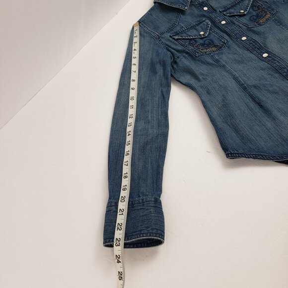 Eddie Bauer XSP Blue Denim Shirt Jacket Snaps Pockets Embroidery Womens Petite - Picture 15 of 16